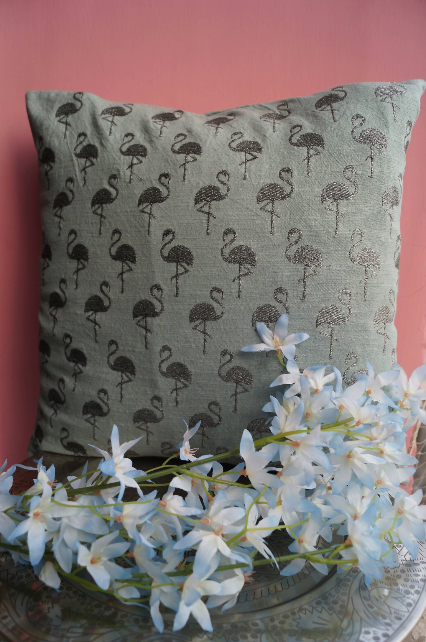 Cloudy Grey Flamingo Cushion Cover