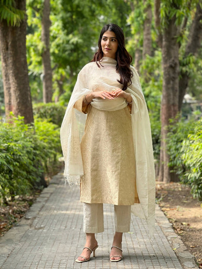 Beige Emroidered Chanderi Kurta Set