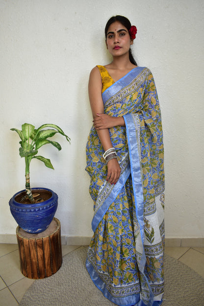 Yellow Kaner Handblock Print Natural Dyed Linen Cotton Saree