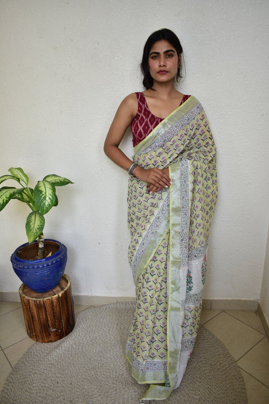 Sadabahar Handblock Print Natural Dyed Linen Cotton Saree