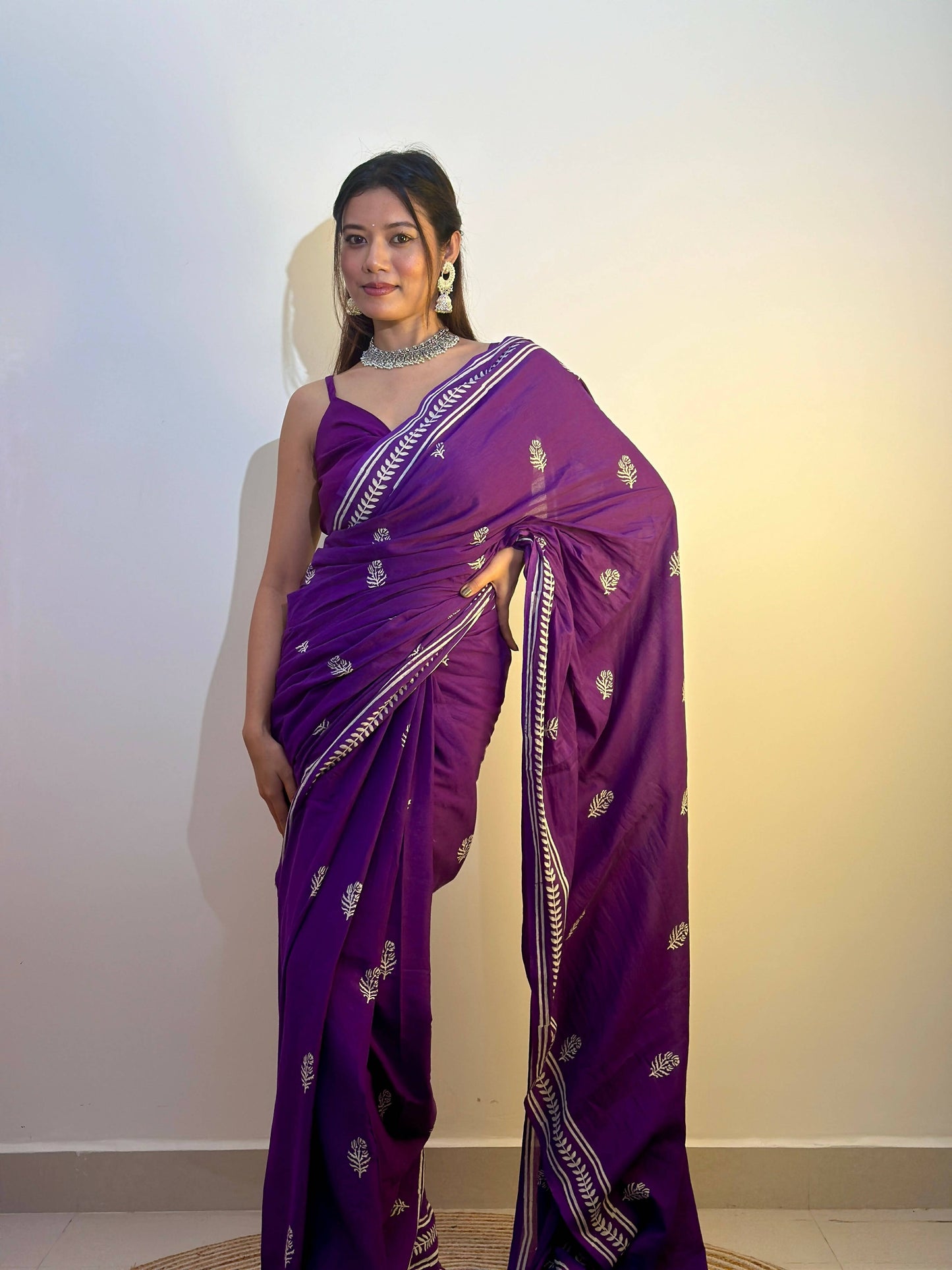 Party Purples Handblock Print Natural Dyed Mulmul Cotton Saree