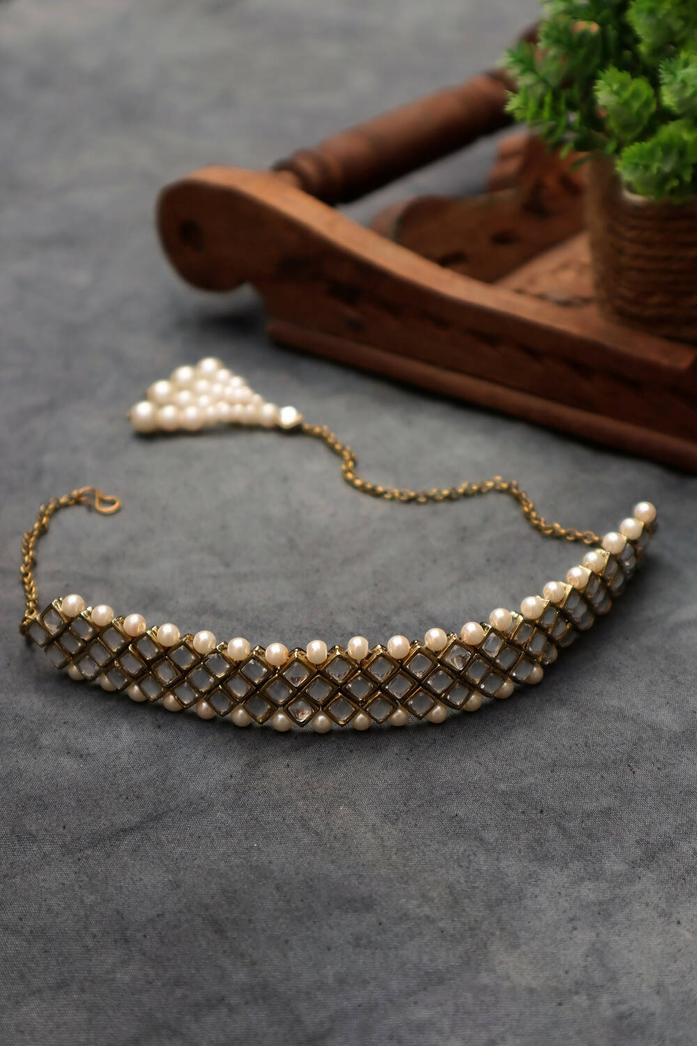 Geo Kundan and Pearl Choker Necklace Set