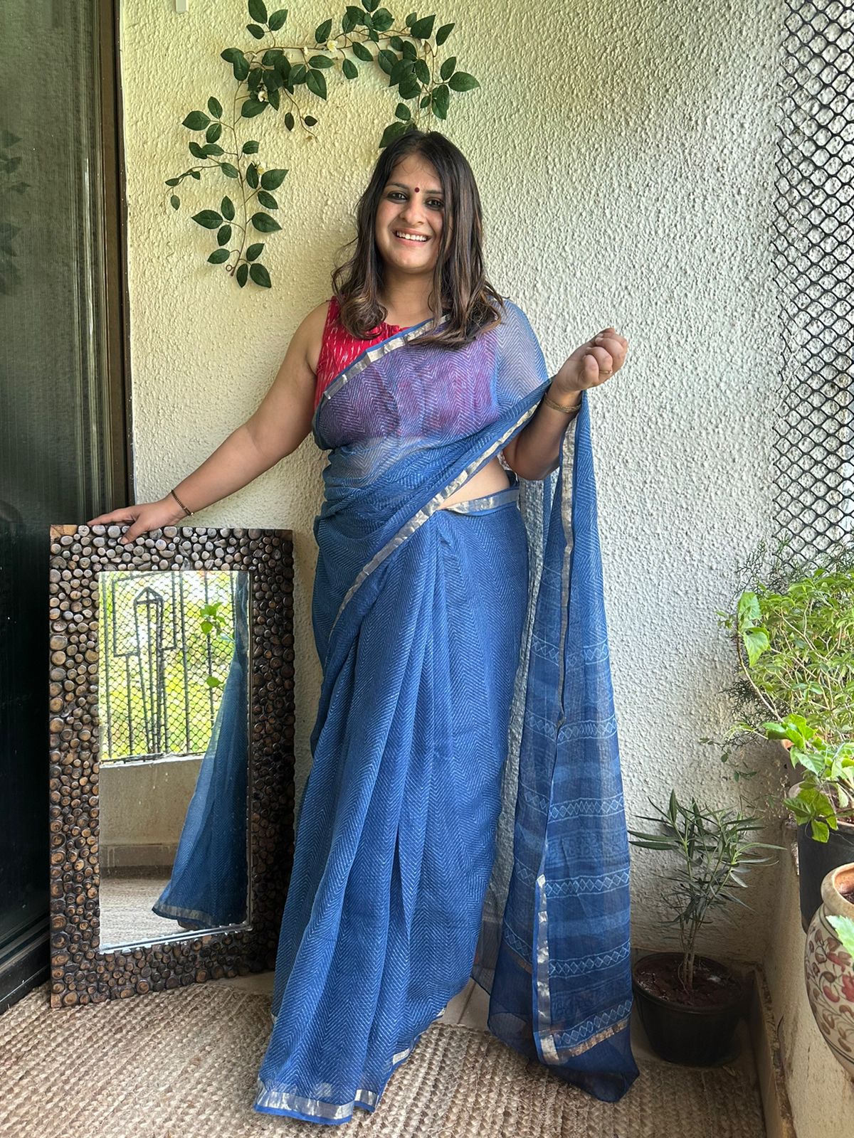 Indigo Akola Kota Doria Leheriya Handblock Saree