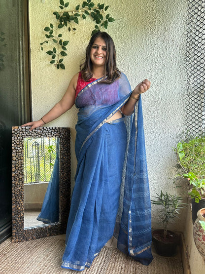 Indigo Akola Kota Doria Leheriya Handblock Saree