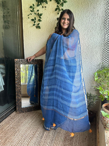 Indigo Akola Kota Doria Leheriya Handblock Saree