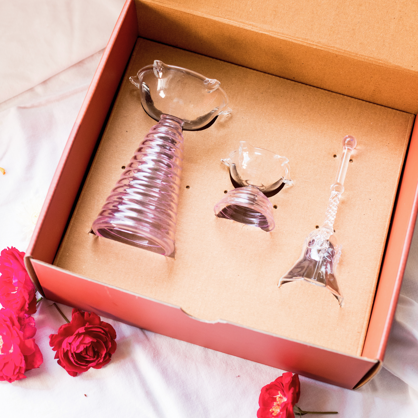 Glass Diwali Gift Box - Tall Diya + Short Diya + Bell