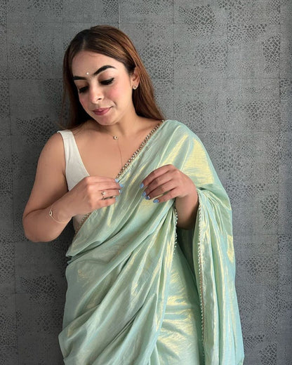 Mint Green Cotton Zari Saree