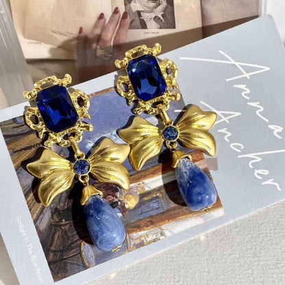 Gold Bow Indigo Earrings