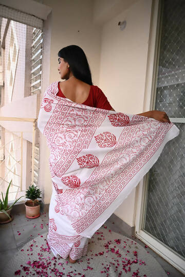 A Girl At Durga Puja Handblock Print Natural Dyed Mulmul Cotton Saree