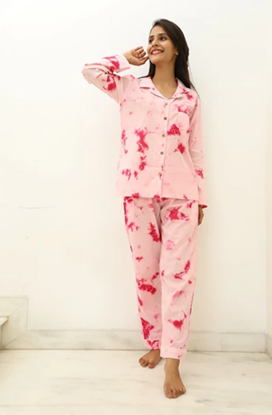 White & Pink TIE DYE Cotton Love Full Jammies Set