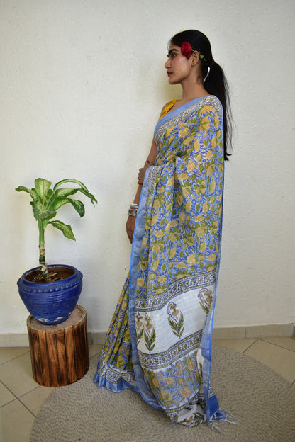 Yellow Kaner Handblock Print Natural Dyed Linen Cotton Saree