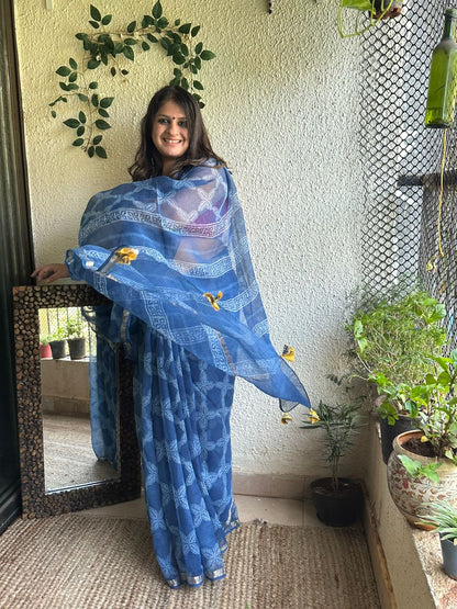 Indigo Akola Kota Doria Handblock Jaal Saree