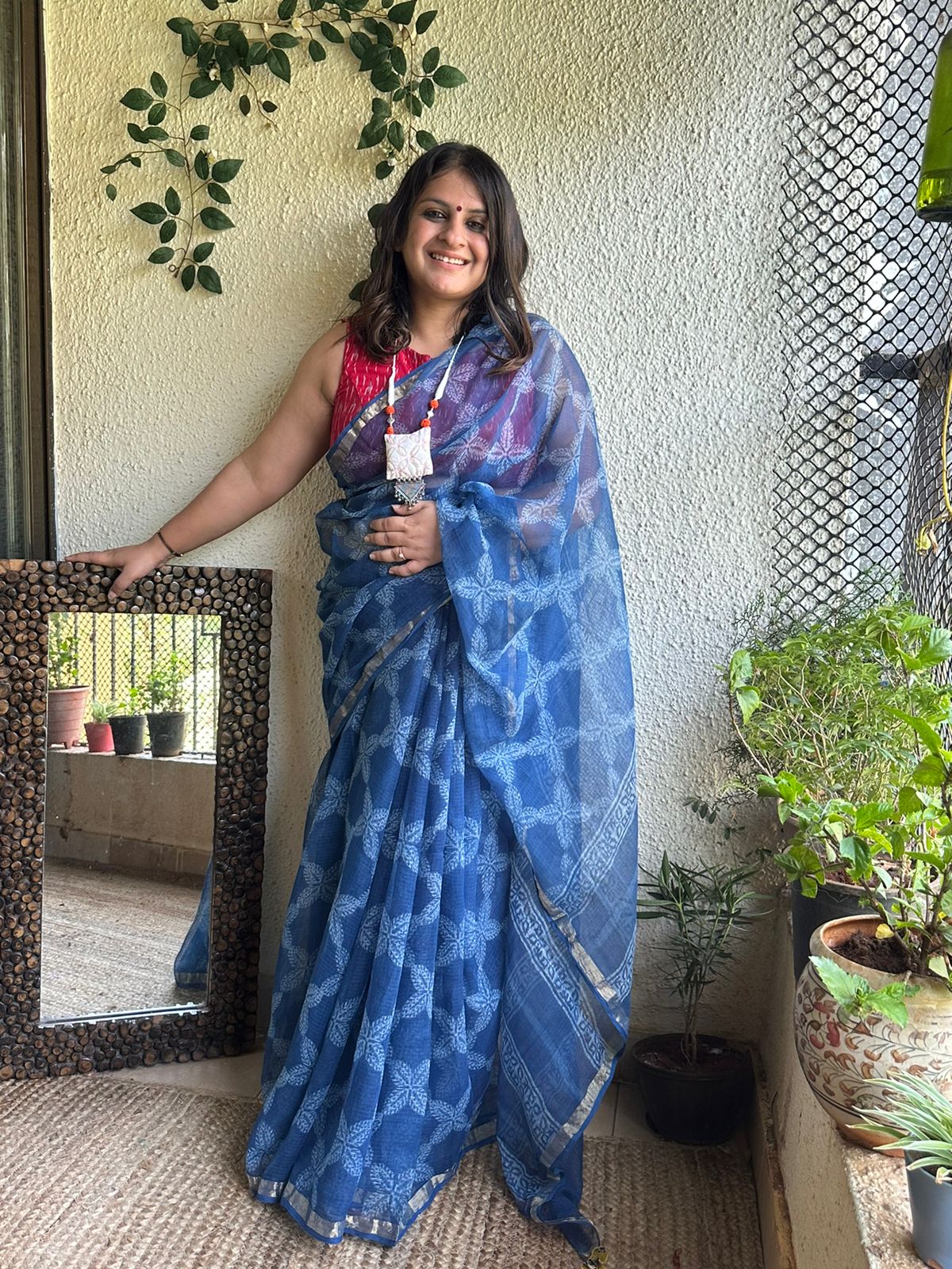 Indigo Akola Kota Doria Handblock Jaal Saree