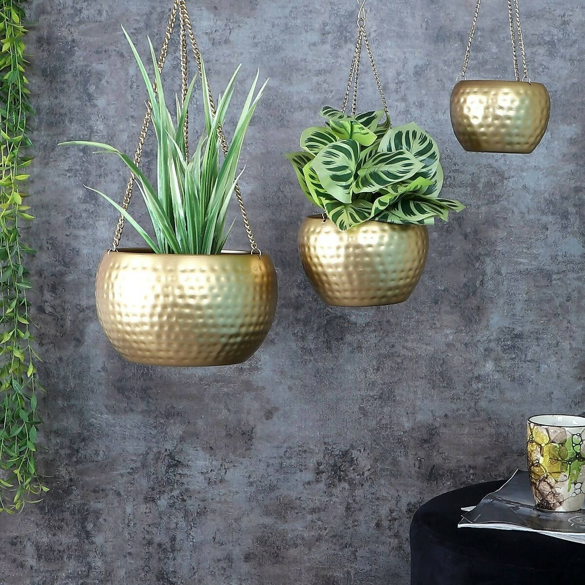 Hanging Gold Hammered Apple Planter Set of 3