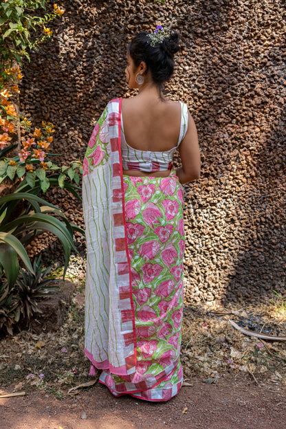 Bougainvillea Hand Printed Linen Saree