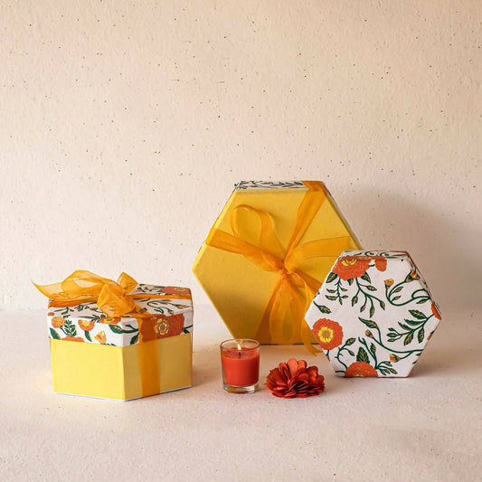 Genda Phool Hexagonal Gift Boxes White Yellow- (Set Of 3)