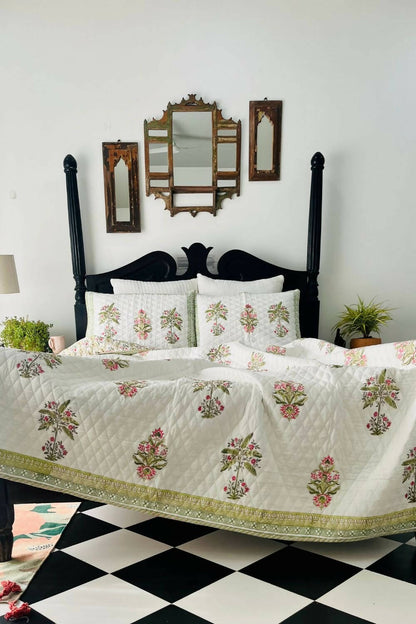 Banana Tree Handblock Printed Reversible Quilted Bedcover