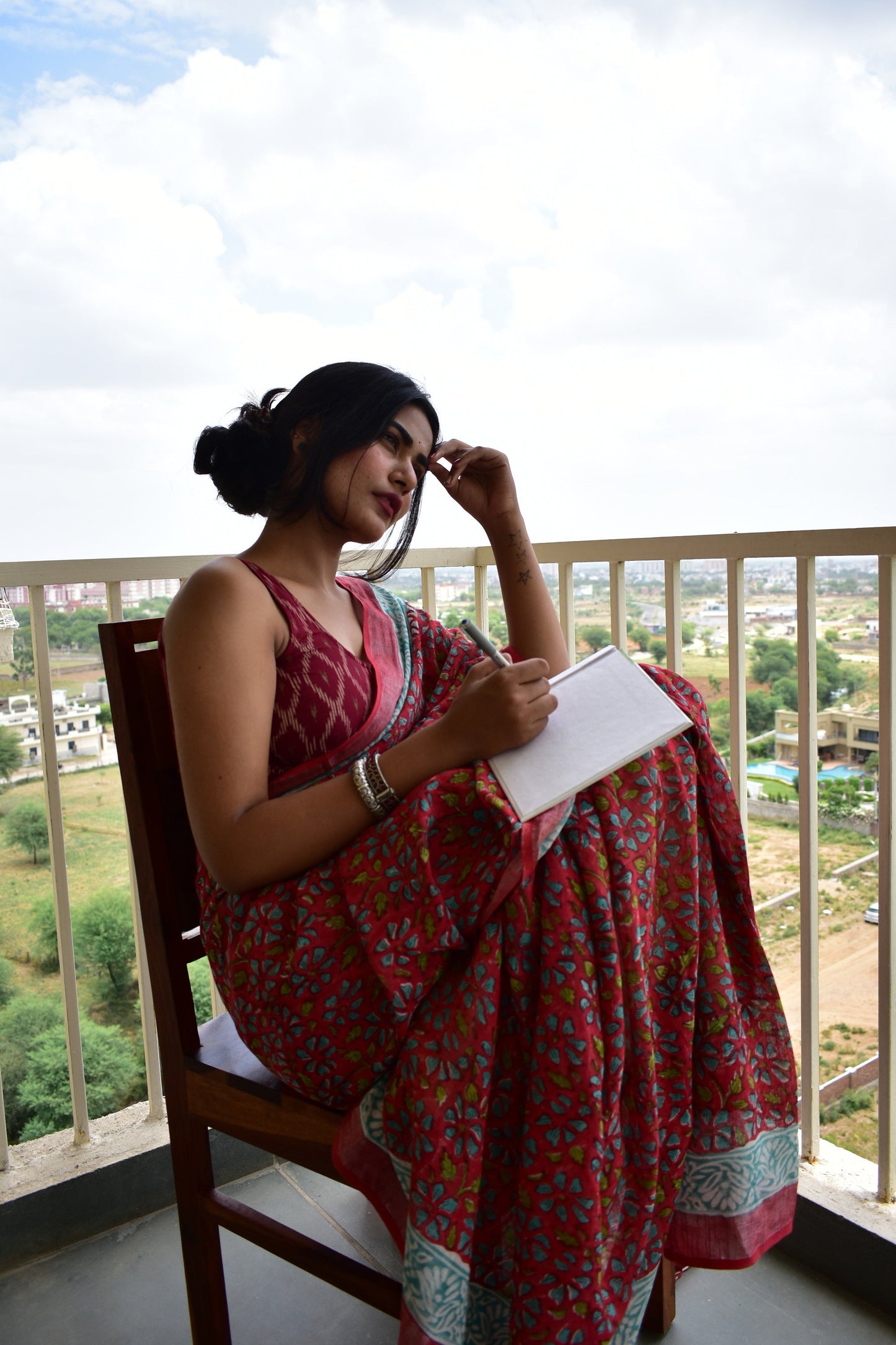 Red Ixora Handblock Print Natural Dyed Linen Cotton Saree