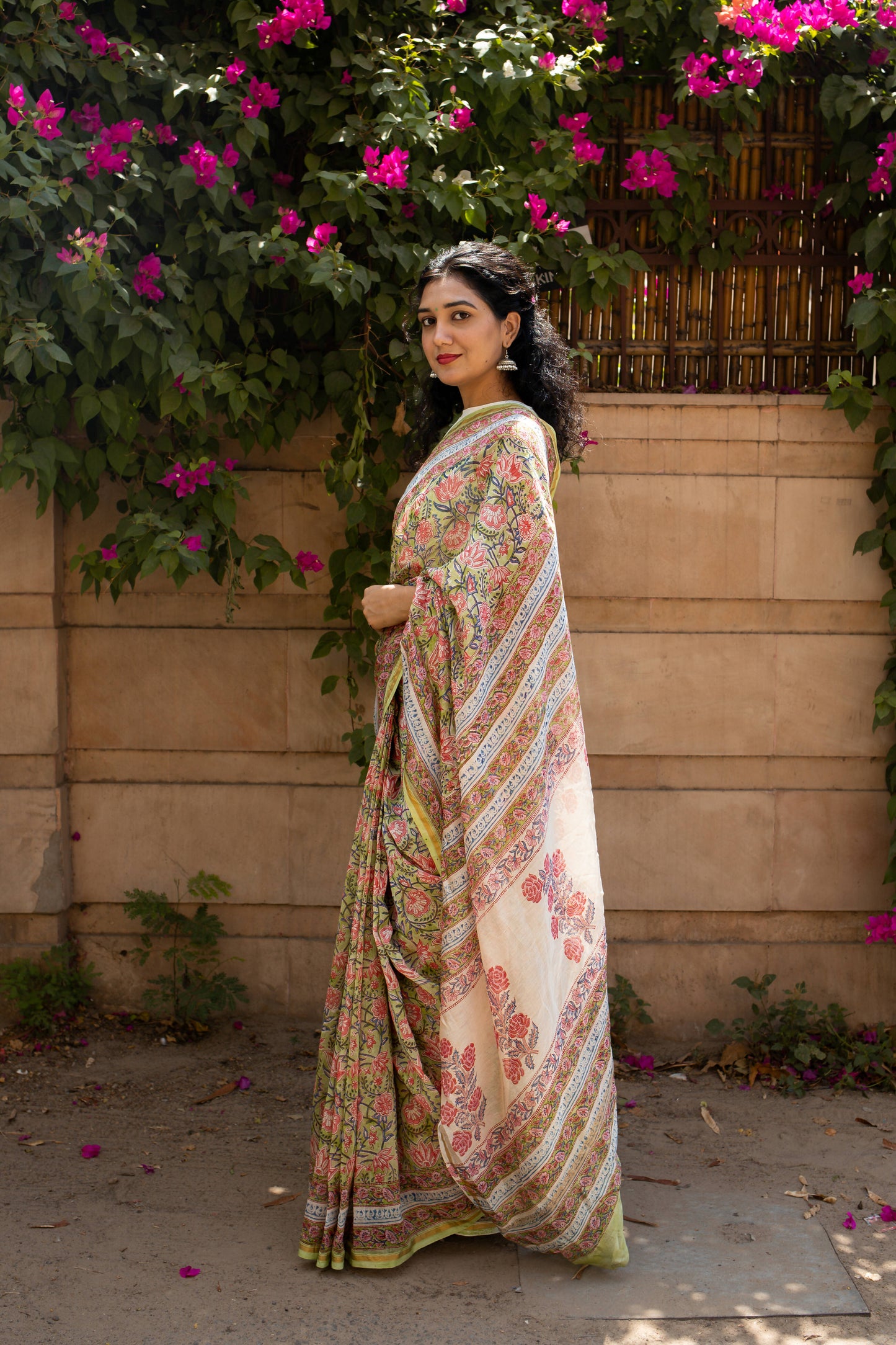 Tulip Garden - Light Green Hand Block Print Chanderi Silk Saree