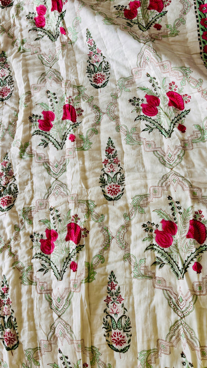 Pink Peony Hand Block Print Reversible Quilt