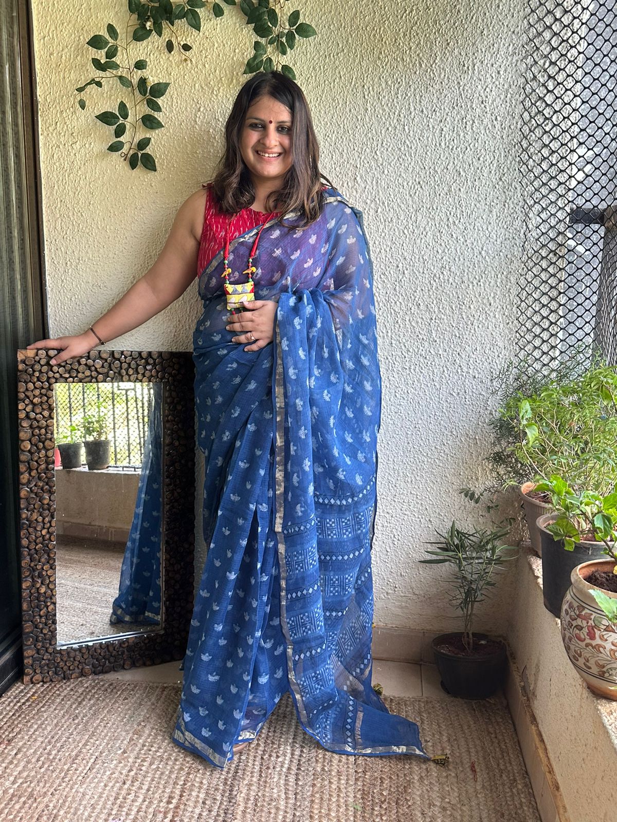 Indigo Akola Kota Doria Handblock Saree