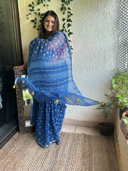 Indigo Akola Kota Doria Handblock Saree