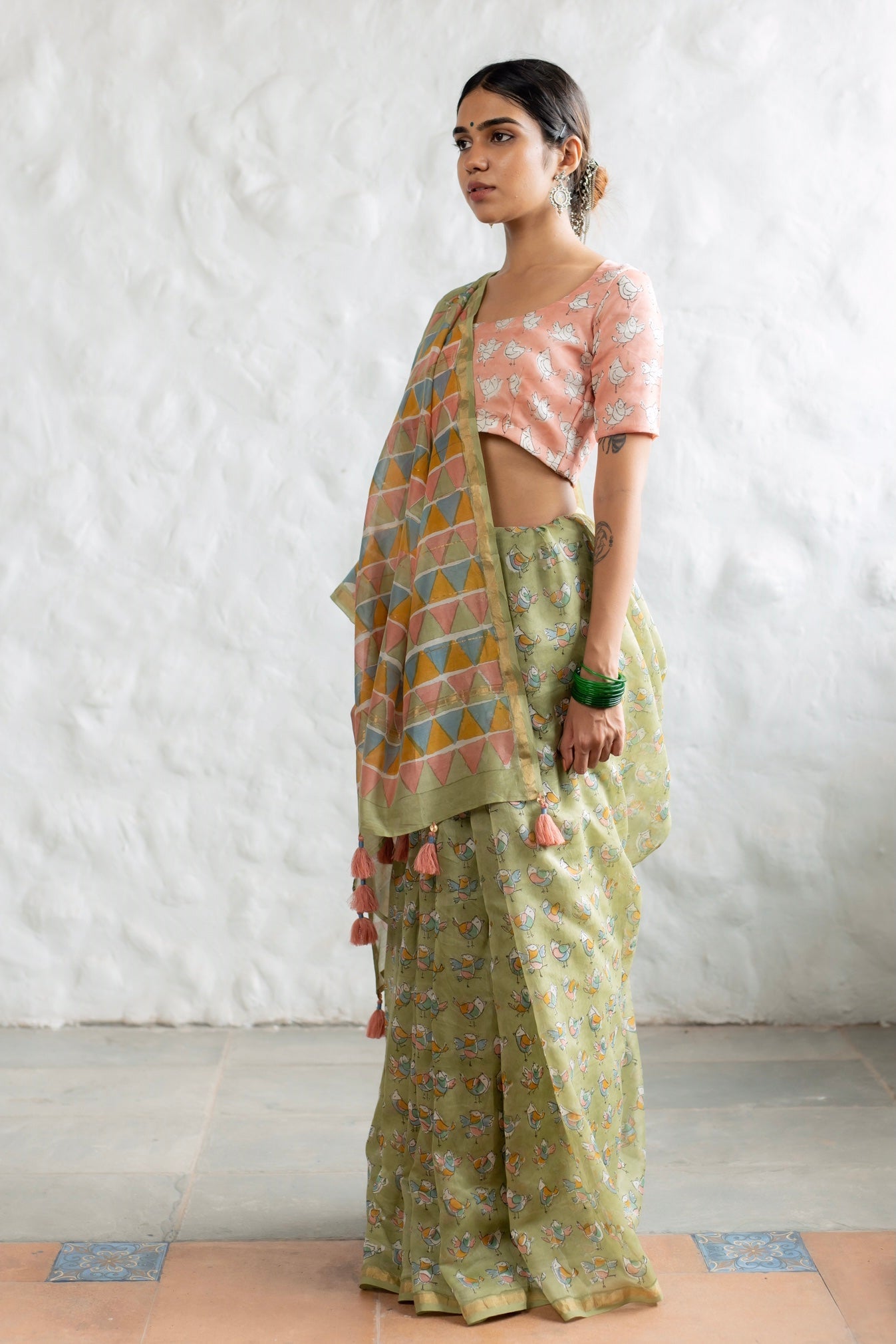 Pastel Birdies in Pistachio Green Chanderi Saree