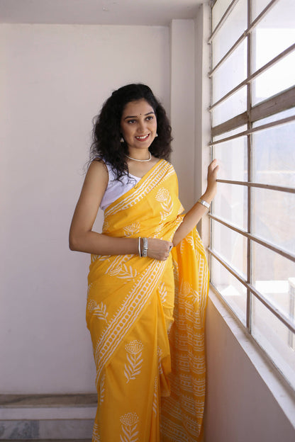 Sunshine Swirl - Yellow Haldi Hand Block Print Mulmul Cotton Bagru Saree