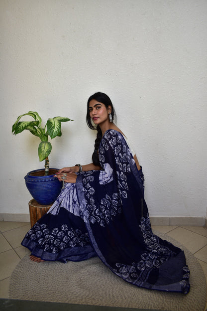 Indigofera Elegance Handblock Print Natural Dyed Linen Cotton Saree