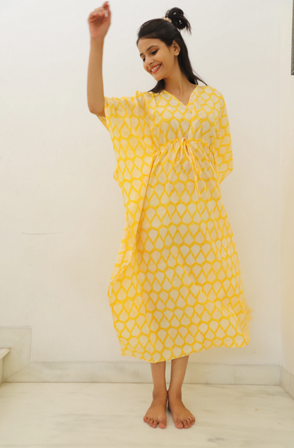 Light & Sunny Hand Block Printed Cotton Ankle Length Kaftan