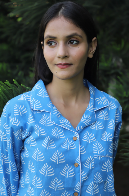 Aqua Soft Hand Block Printed cotton Full Jammies Set