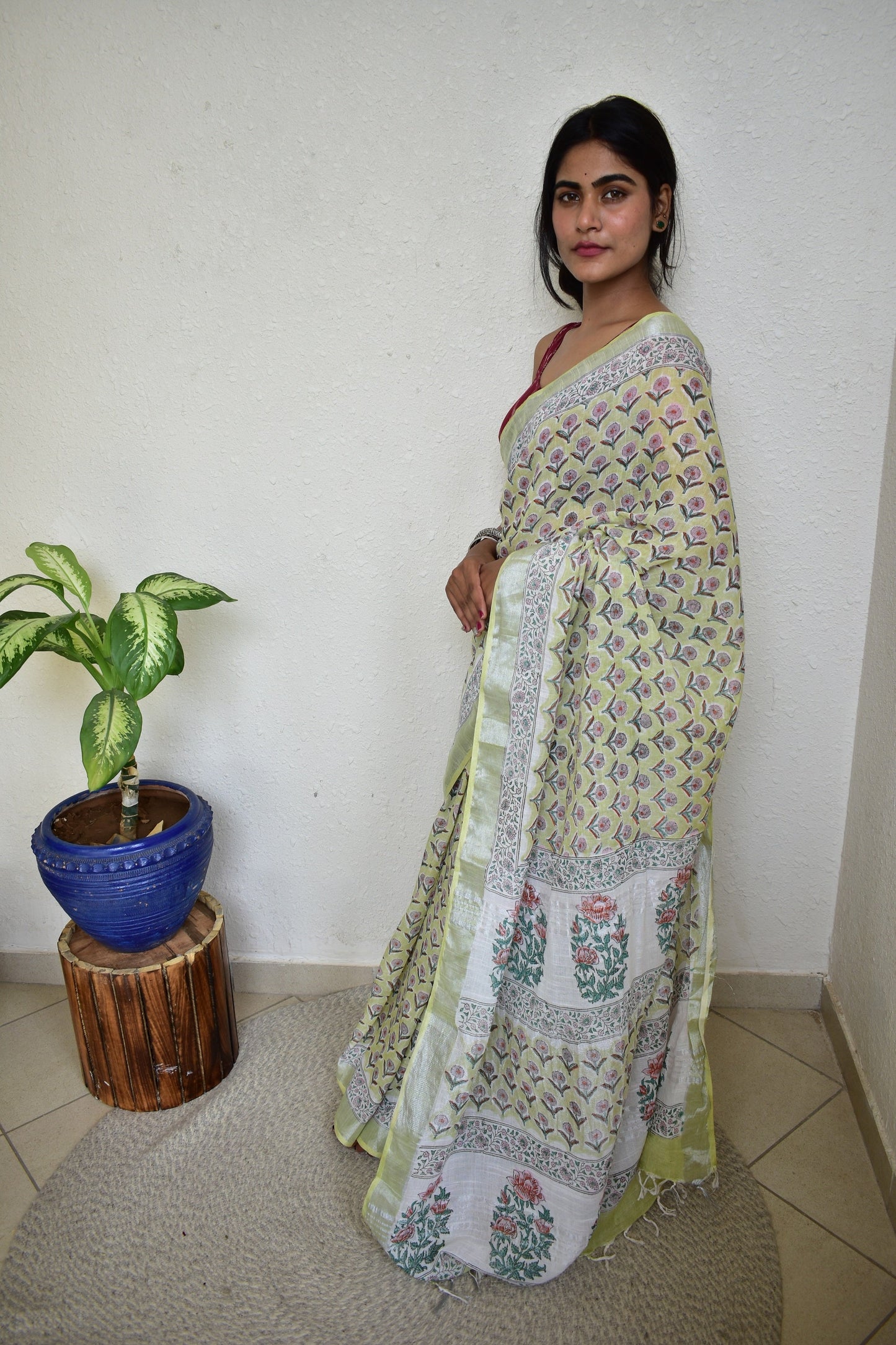 Sadabahar Handblock Print Natural Dyed Linen Cotton Saree