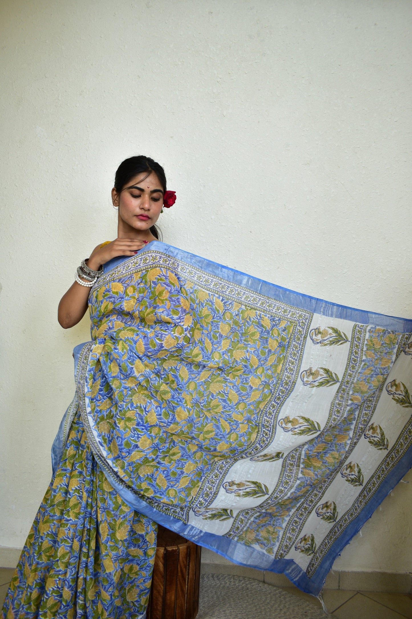 Yellow Kaner Handblock Print Natural Dyed Linen Cotton Saree