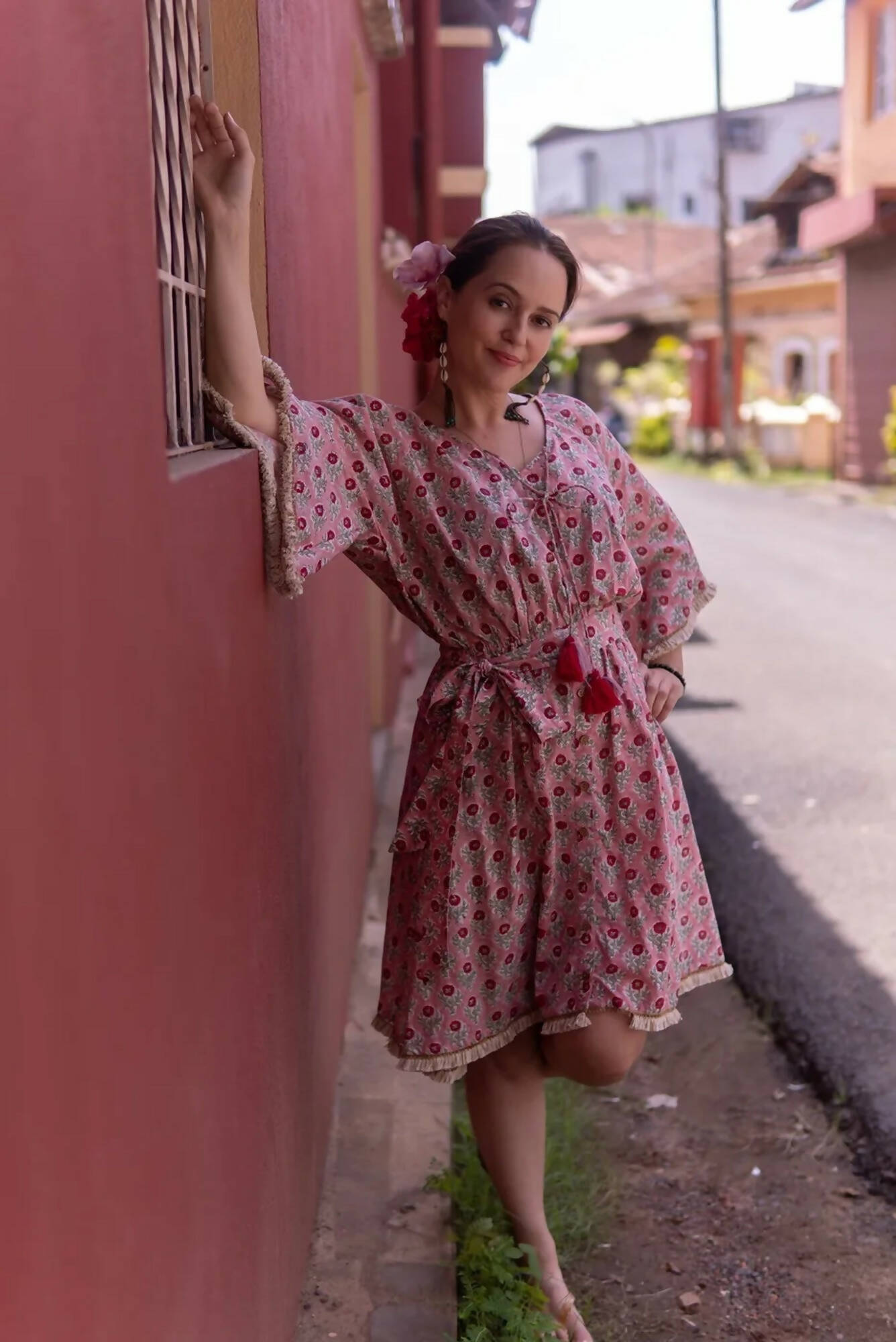 Pink Peonies - Handblock Printed Midi Dress