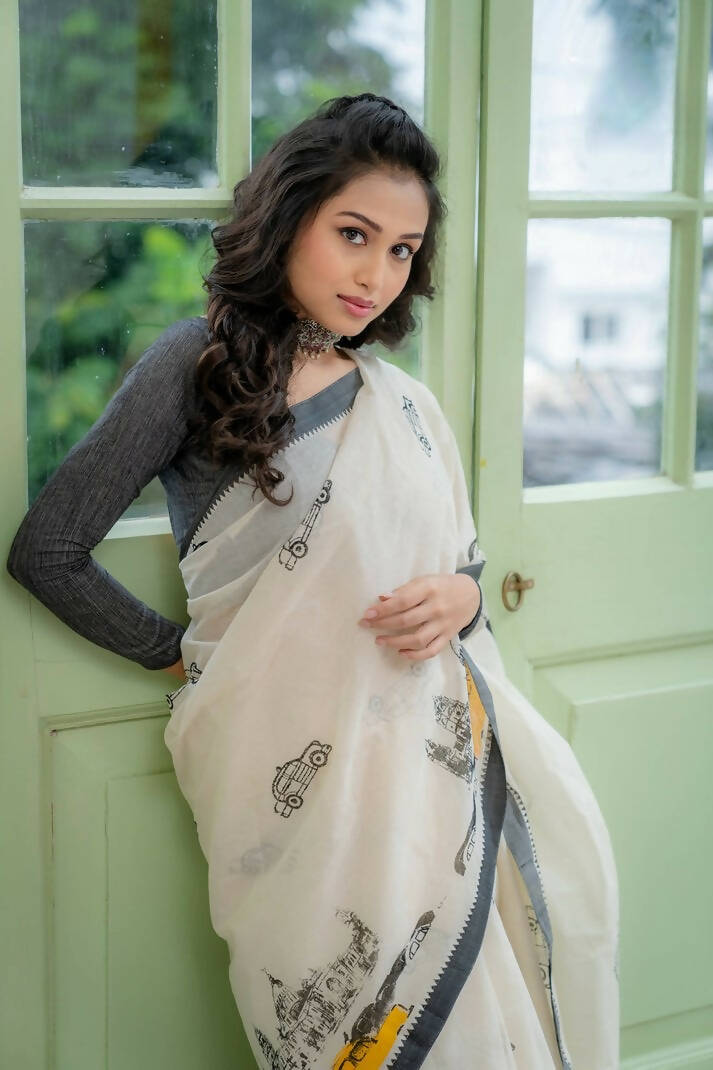 White With Golden Border Soft Linen Saree – ThreadLooms