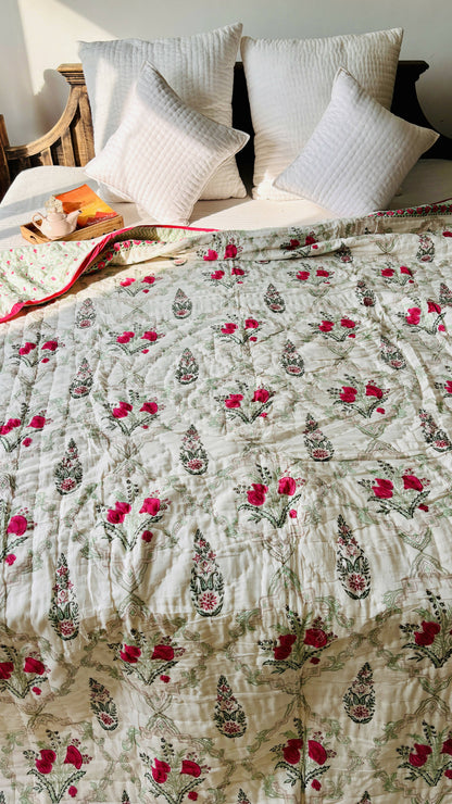 Pink Peony Hand Block Print Reversible Quilt