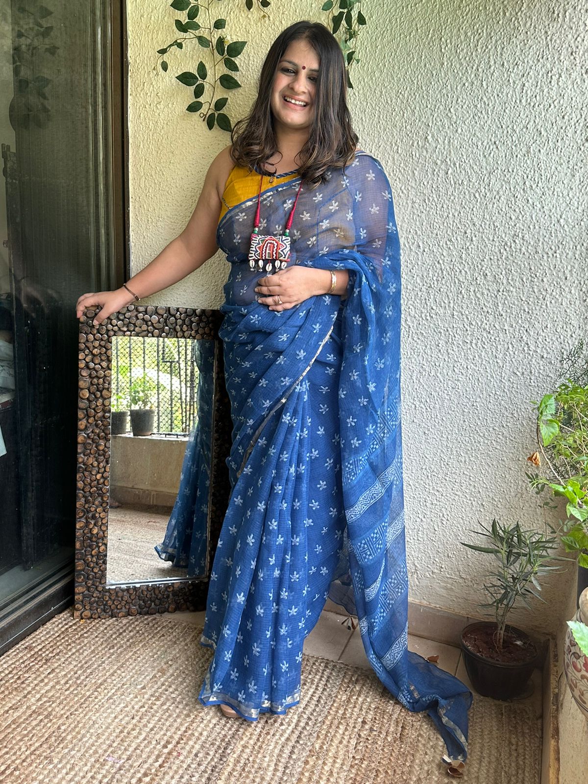 Indigo Leaf Print Saree With Zari Border - Oorjaa Shopping