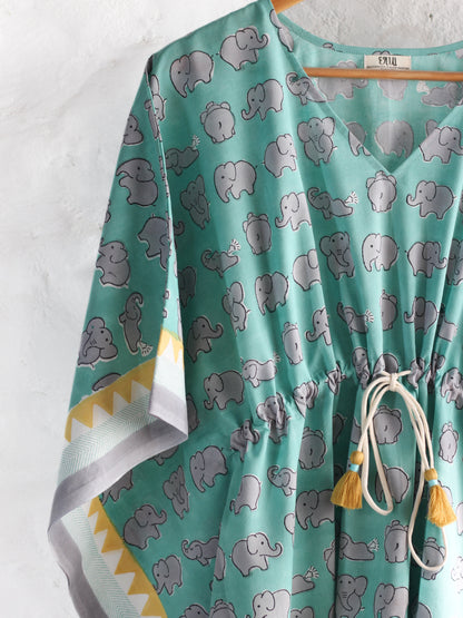 Kaftan Elephants In Mint & Grey