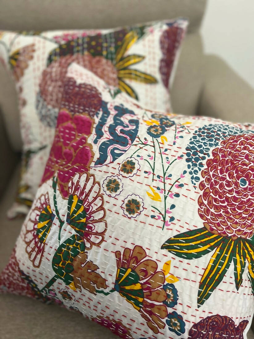 Kantha Cushion Cover| White-Pink Flowers (Set of 2)