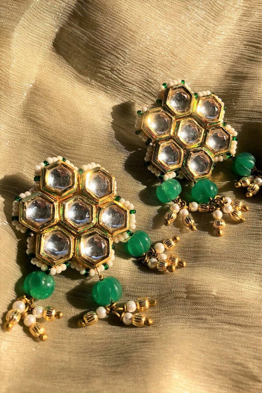 Kundankari Earrings with Green Melon Stones