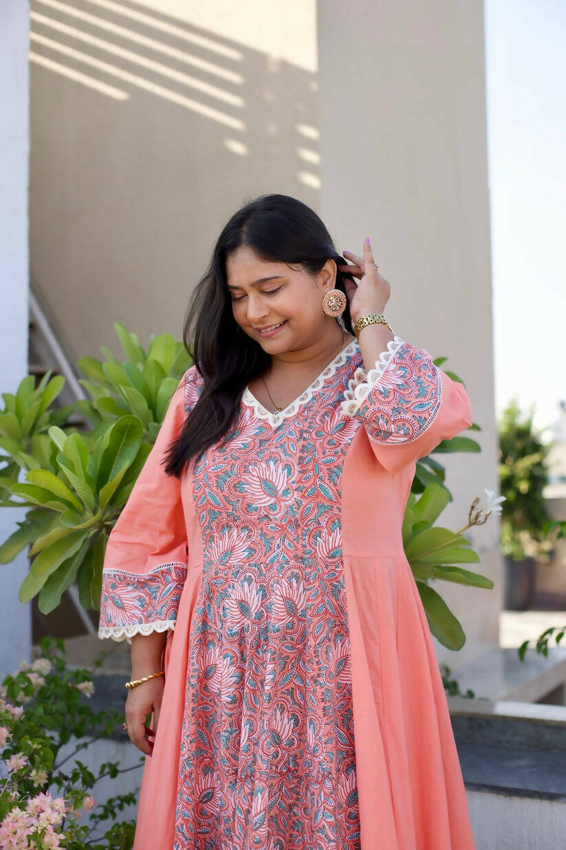 Floral Printed Anarkali- Peach