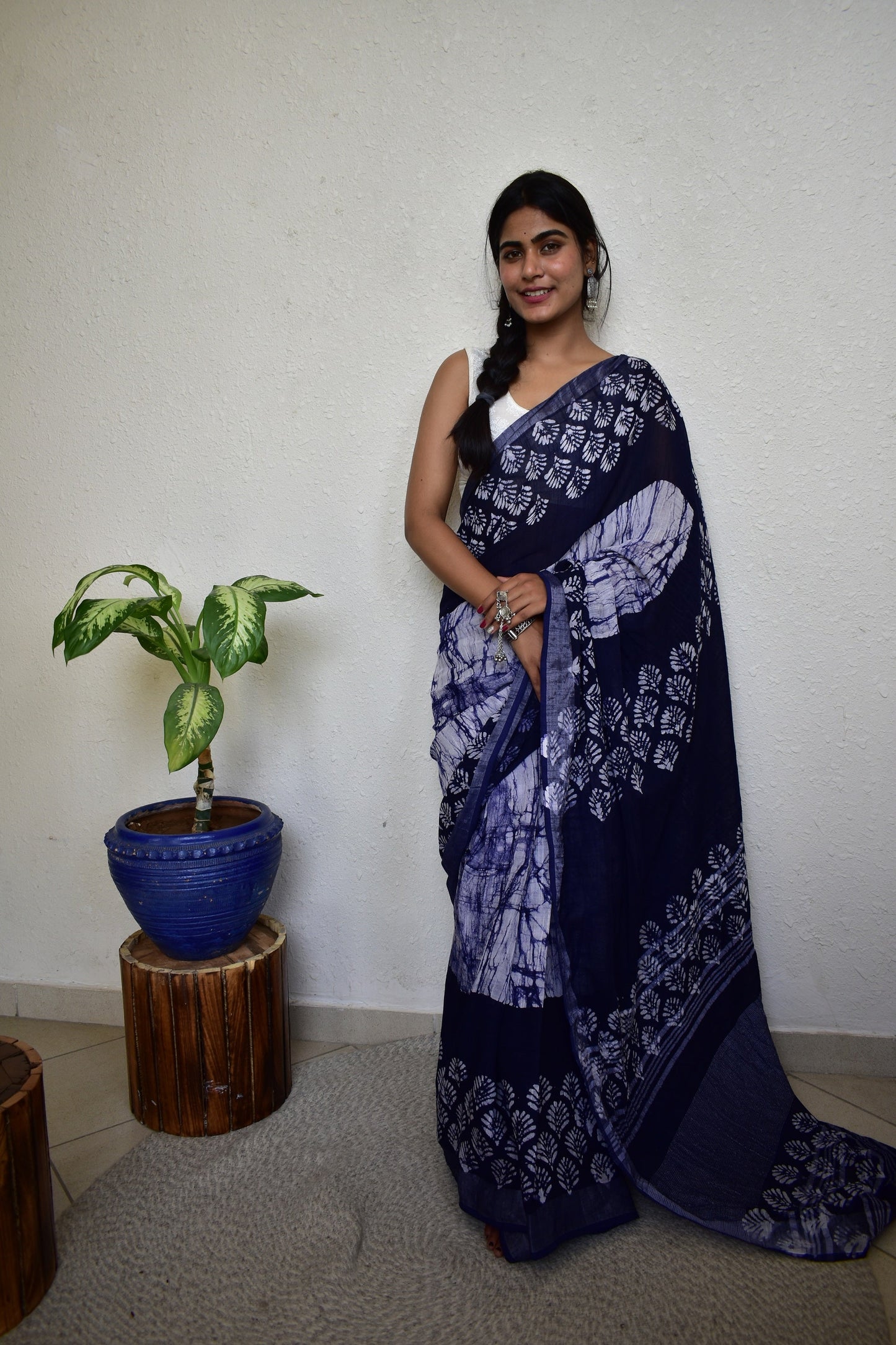 Indigofera Elegance Handblock Print Natural Dyed Linen Cotton Saree