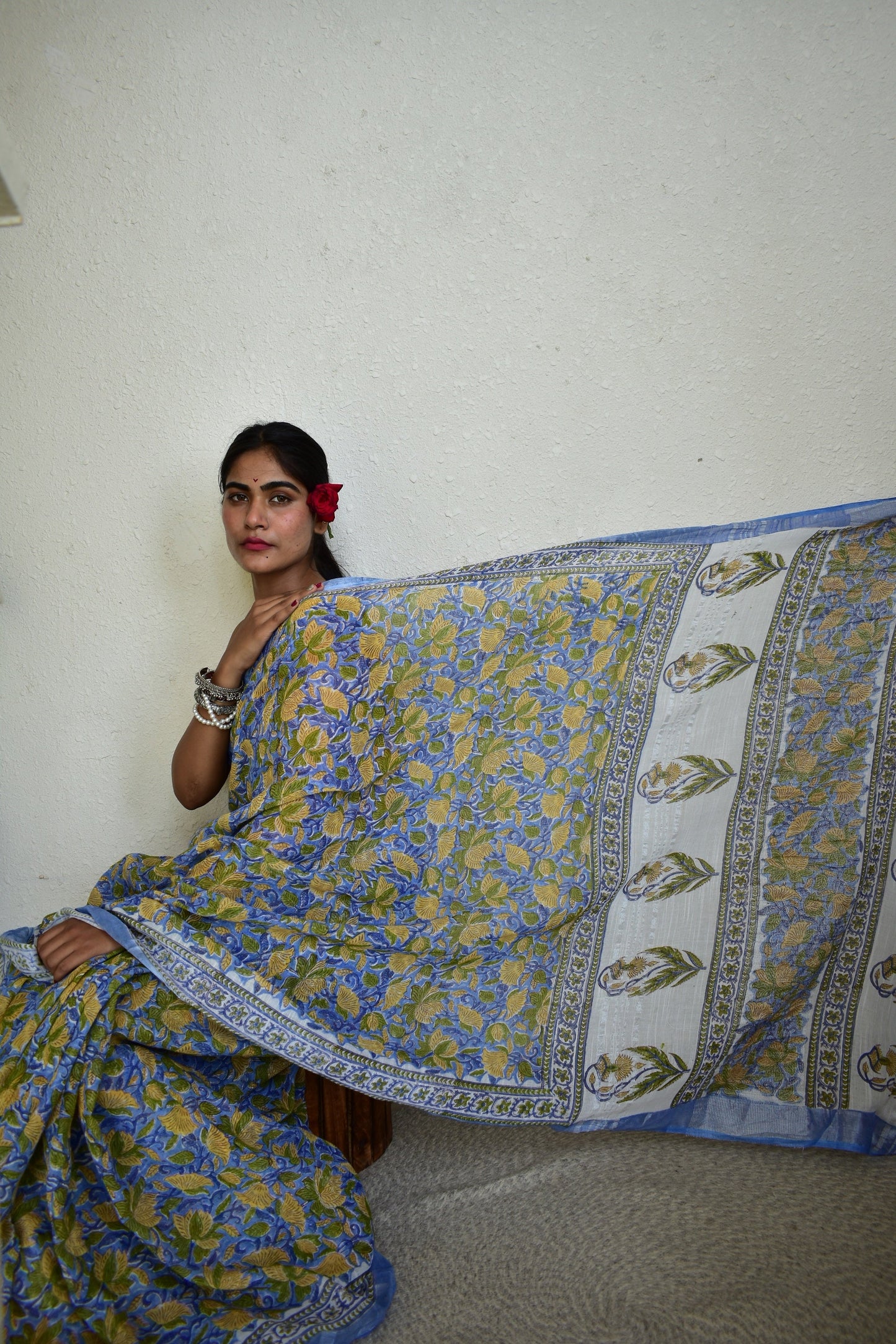 Yellow Kaner Handblock Print Natural Dyed Linen Cotton Saree