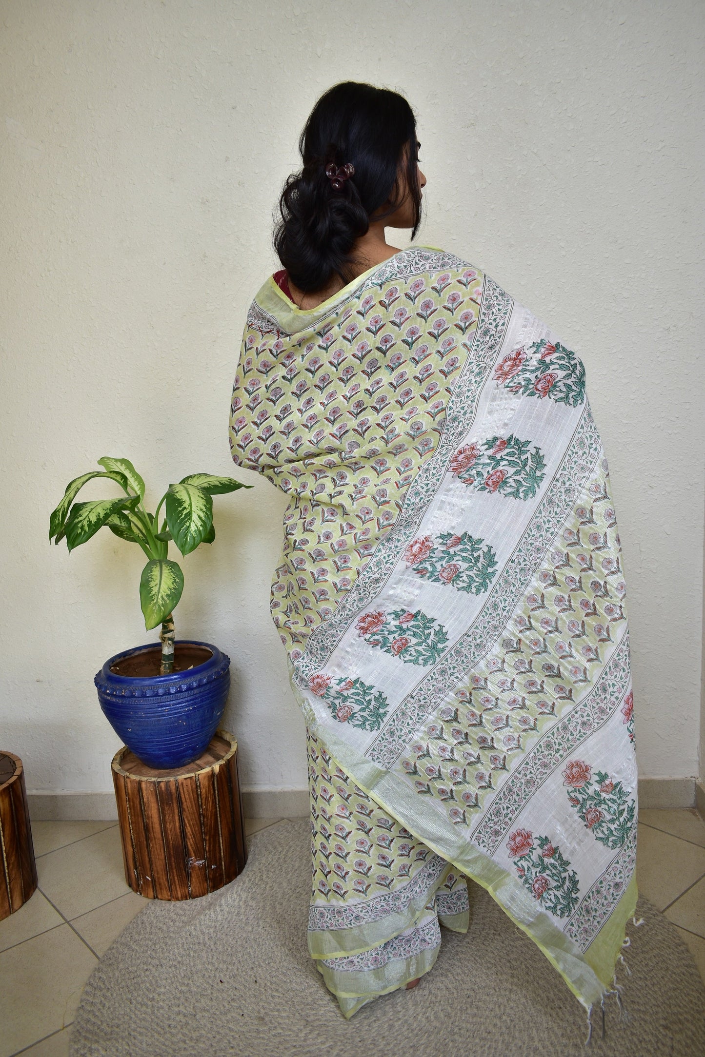 Sadabahar Handblock Print Natural Dyed Linen Cotton Saree