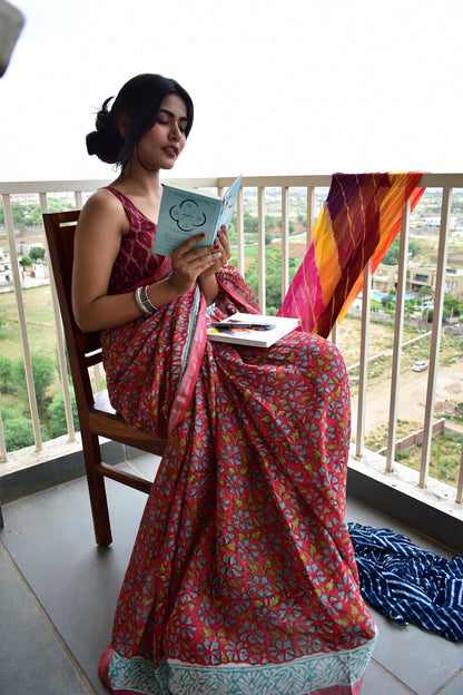 Red Ixora Handblock Print Natural Dyed Linen Cotton Saree