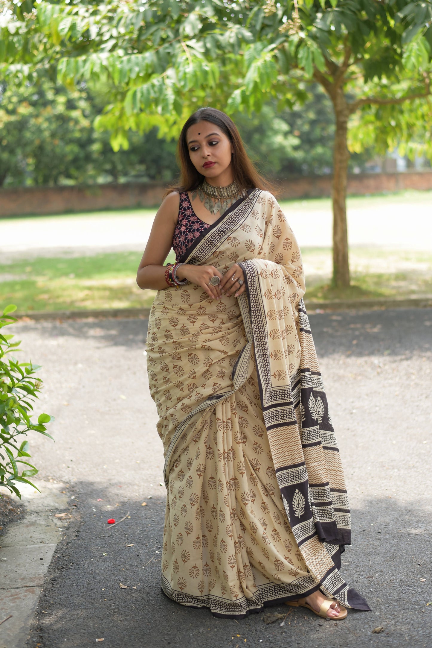 Desert Nomad - Hand Block Print Mulmul Cotton Bagru Saree