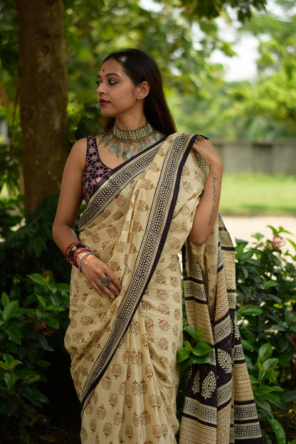 Desert Nomad - Hand Block Print Mulmul Cotton Bagru Saree