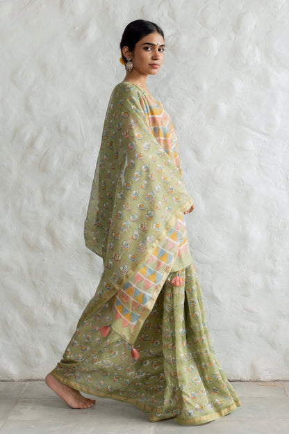 Pastel Birdies in Pistachio Green Chanderi Saree