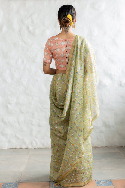 Pastel Birdies in Pistachio Green Chanderi Saree