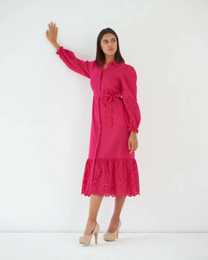 Effortless Elegance - Hot Pink Cotton Shirt Dress